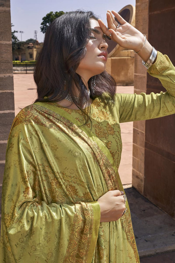 Printed Green Color Festive Wear Pashmina Fabric Palazzo Suit