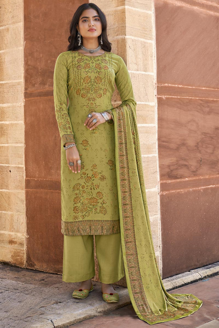 Printed Green Color Festive Wear Pashmina Fabric Palazzo Suit