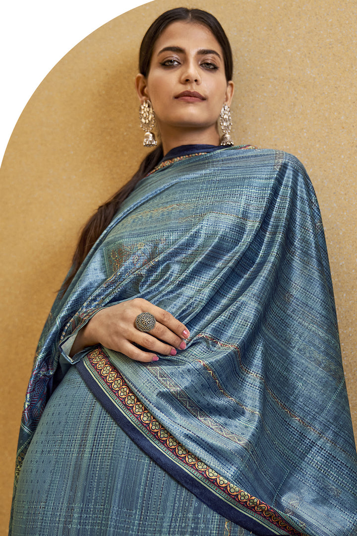 Casual Digital Printed Blue Color Palazzo Suit In Pashmina Fabric