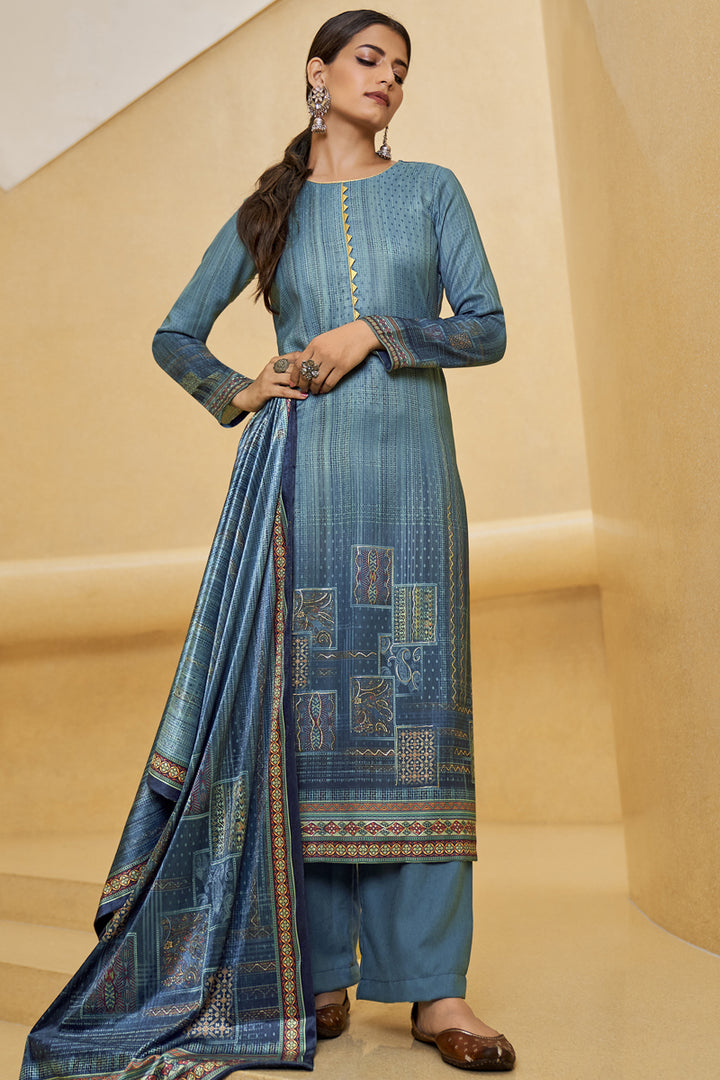 Casual Digital Printed Blue Color Palazzo Suit In Pashmina Fabric