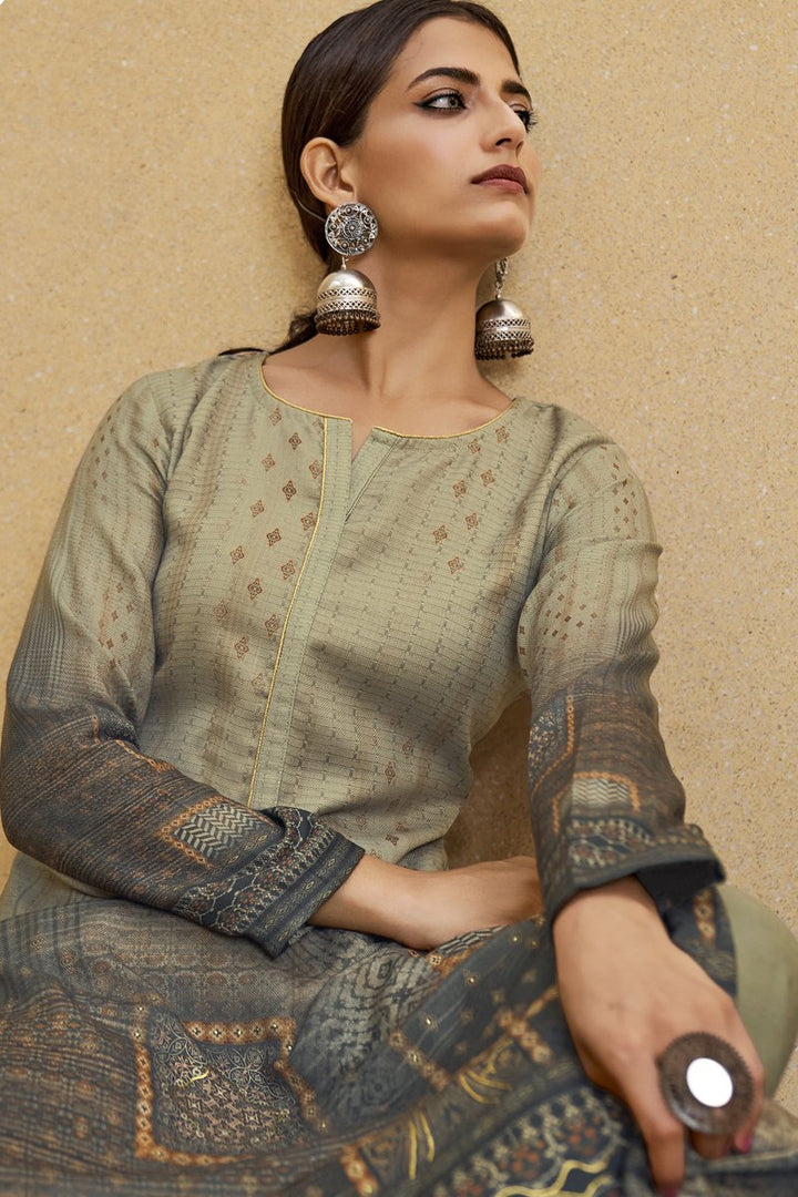 Digital Printed Cream Color Daily Wear Pashmina Fabric Palazzo Suit