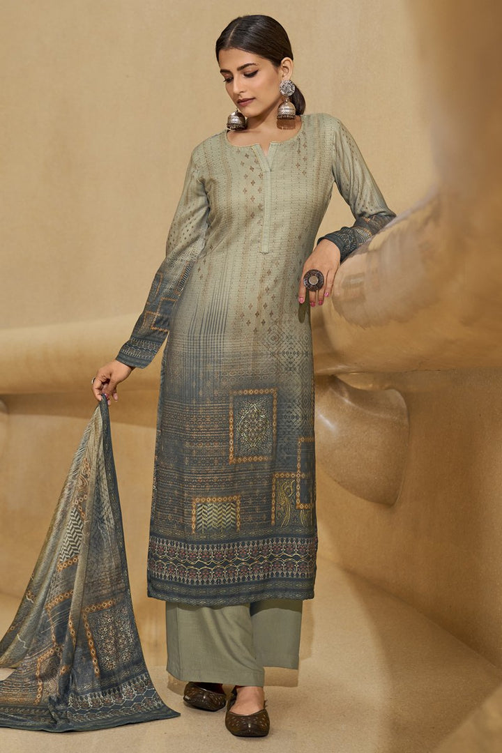Digital Printed Cream Color Daily Wear Pashmina Fabric Palazzo Suit