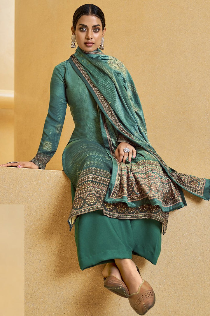 Pashmina Fabric Daily Wear Teal Color Digital Printed Palazzo Suit