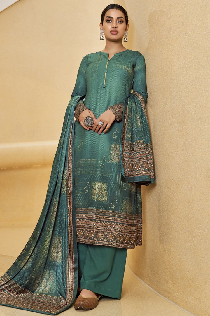 Pashmina Fabric Daily Wear Teal Color Digital Printed Palazzo Suit