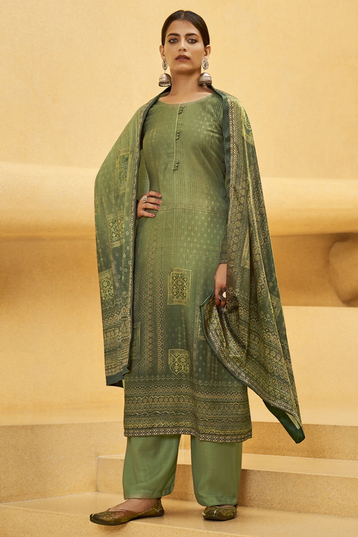 Mehendi Green Color Pashmina Fabric Casual Digital Printed Fancy Palazzo Suit