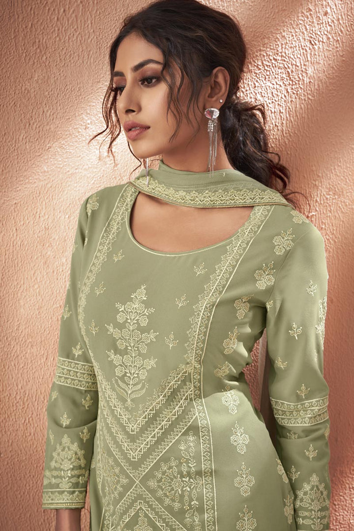 Embroidered Sea Green Color Fancy Fabric Palazzo Suit