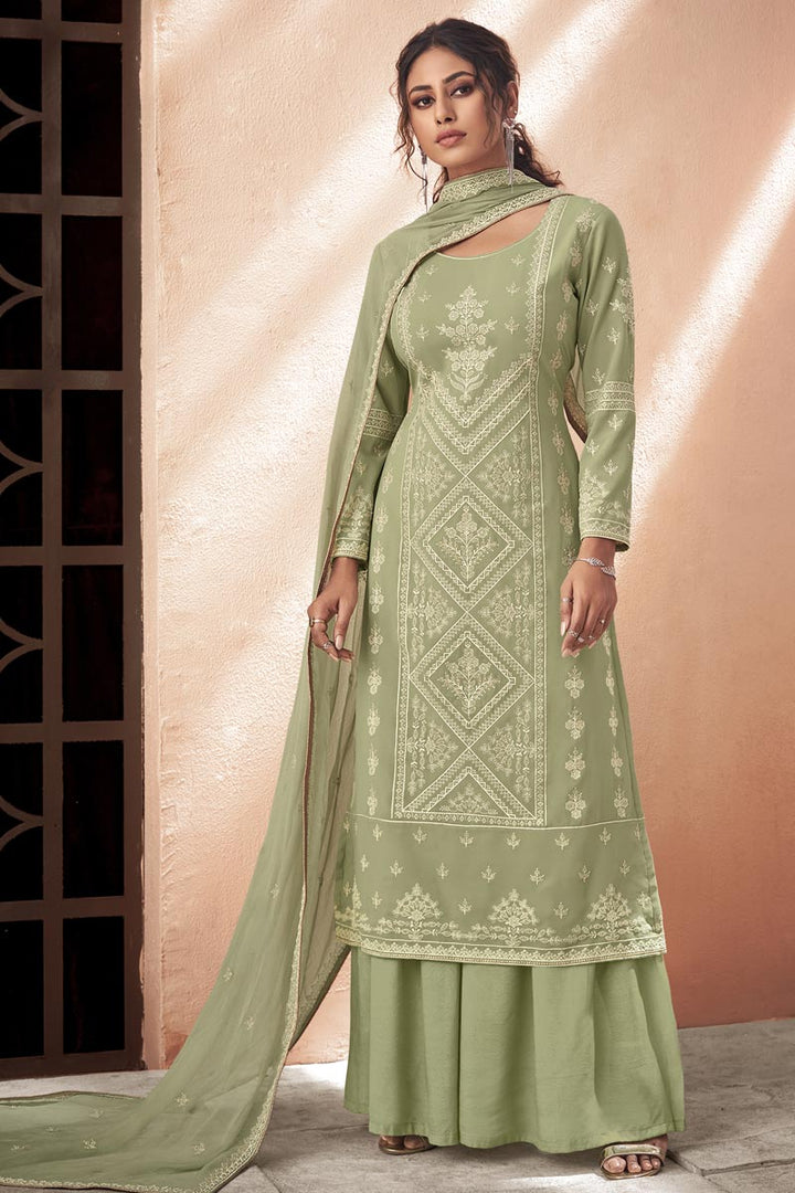 Embroidered Sea Green Color Fancy Fabric Palazzo Suit