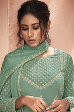 Load image into Gallery viewer, Sea Green Color Embroidered Festive Wear Fancy Fabric Palazzo Suit
