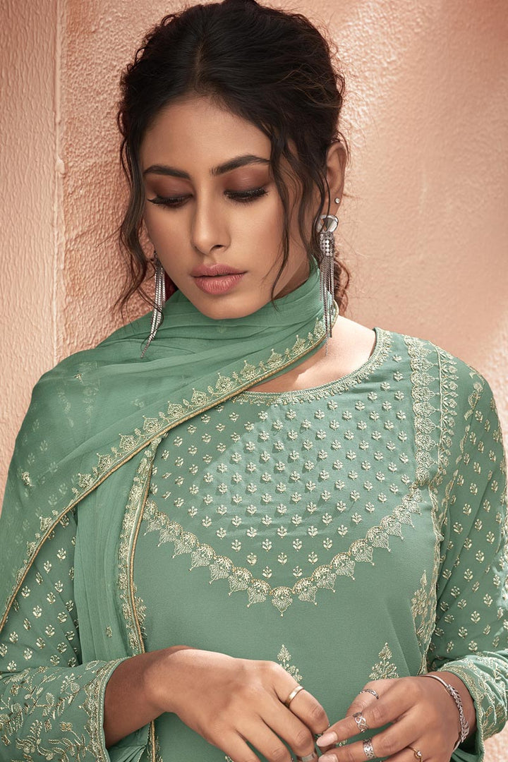 Sea Green Color Embroidered Festive Wear Fancy Fabric Palazzo Suit