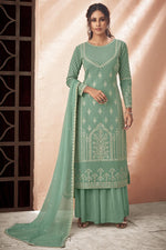 Load image into Gallery viewer, Sea Green Color Embroidered Festive Wear Fancy Fabric Palazzo Suit
