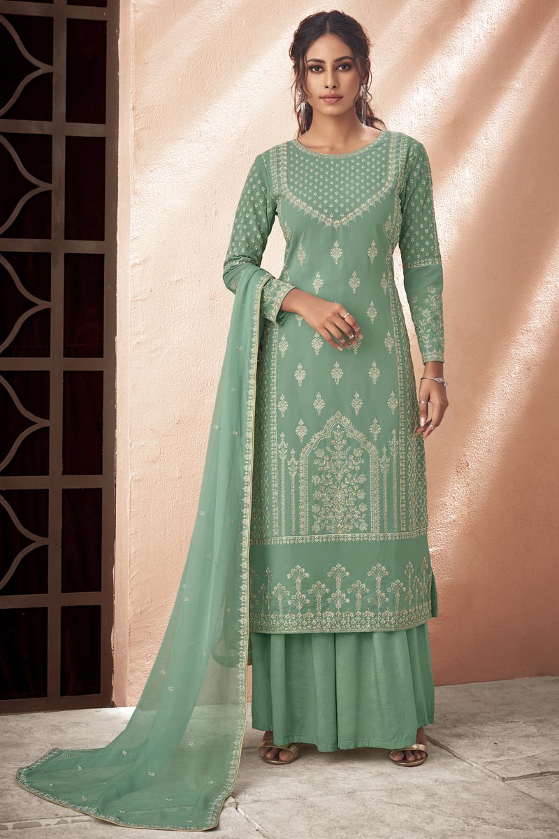 Sea Green Color Embroidered Festive Wear Fancy Fabric Palazzo Suit