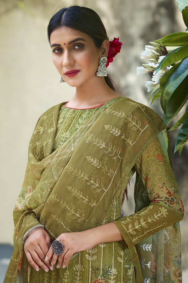 Casual Wear Chic Mehendi Green Color Digital Printed Palazzo Suit