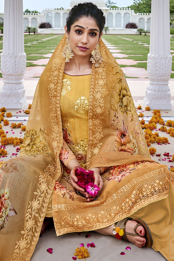 Casual Wear Georgette Fabric Mustard Color Digital Printed Palazzo Dress