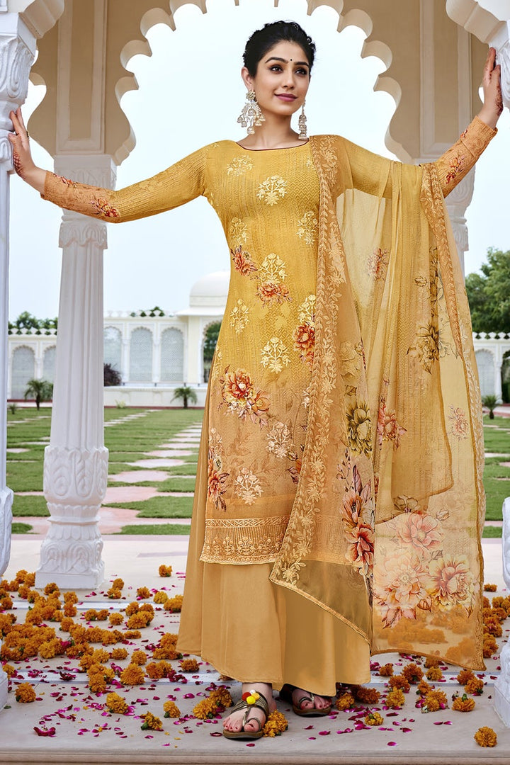 Casual Wear Georgette Fabric Mustard Color Digital Printed Palazzo Dress