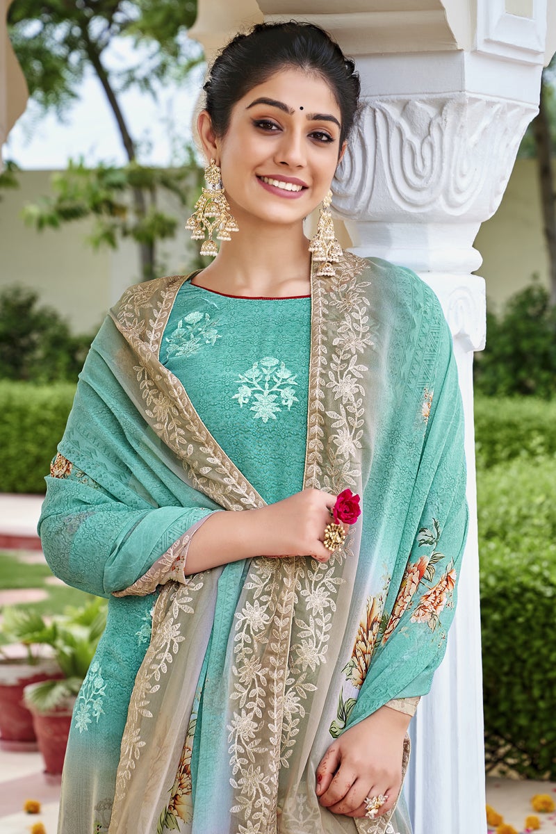 Cyan Color Casual Wear Georgette Fabric Digital Printed Palazzo Dress