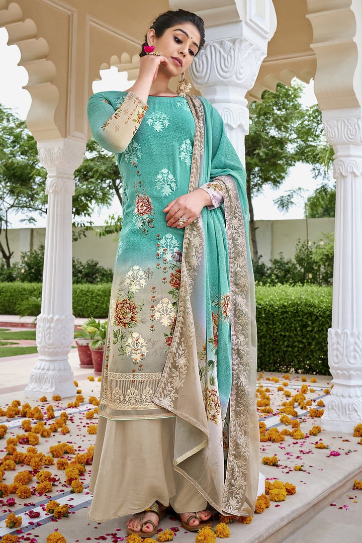 Cyan Color Casual Wear Georgette Fabric Digital Printed Palazzo Dress