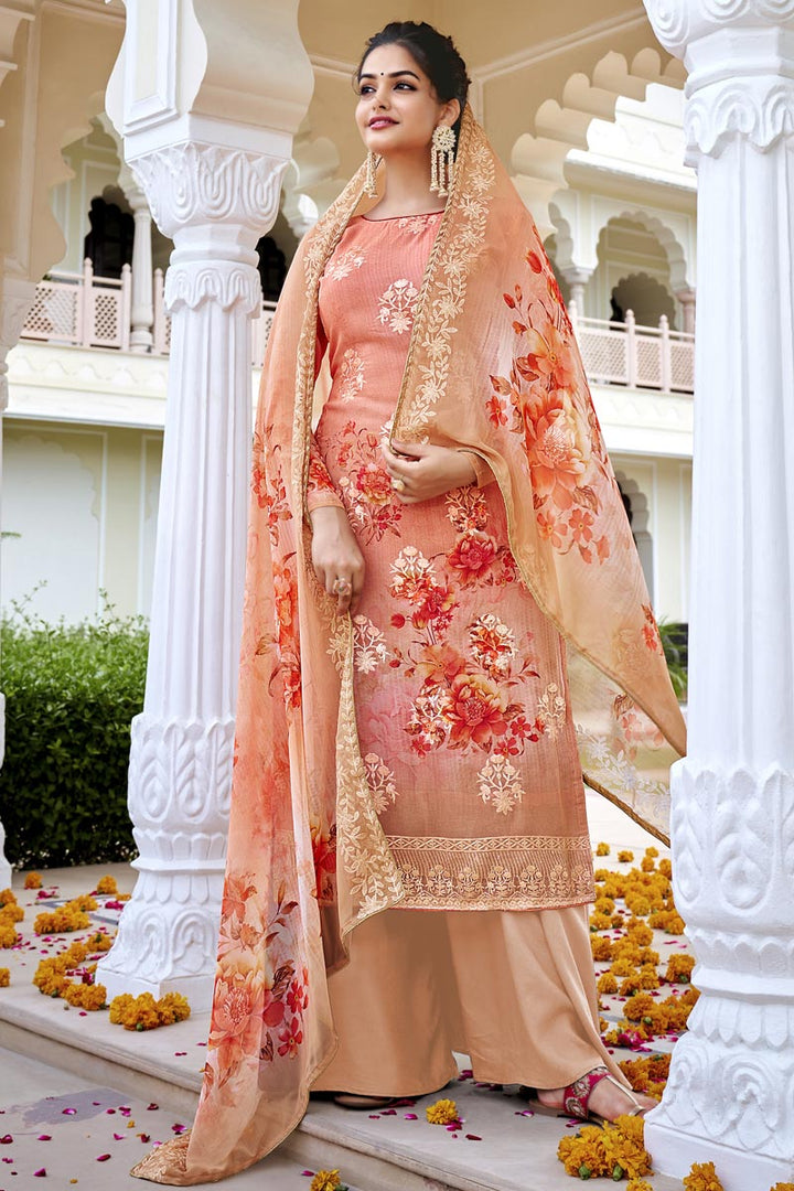 Georgette Fabric Peach Color Casual Wear Digital Printed Palazzo Suit