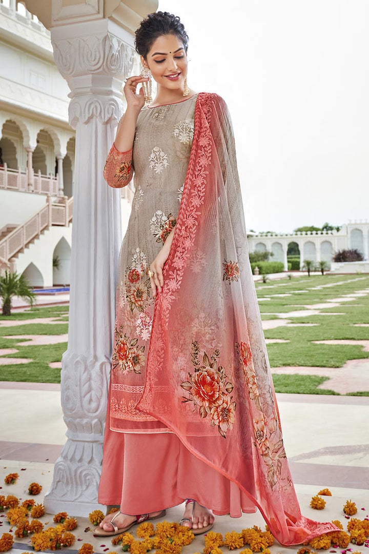 Casual Wear Georgette Fabric Grey Color Digital Printed Palazzo Suit