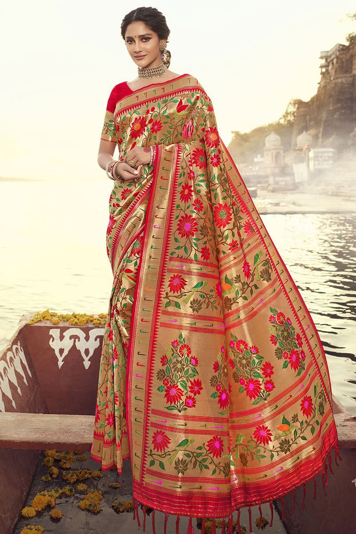 Banarasi Style Art Silk Fabric Red Color Function Wear Trendy Weaving Work Saree