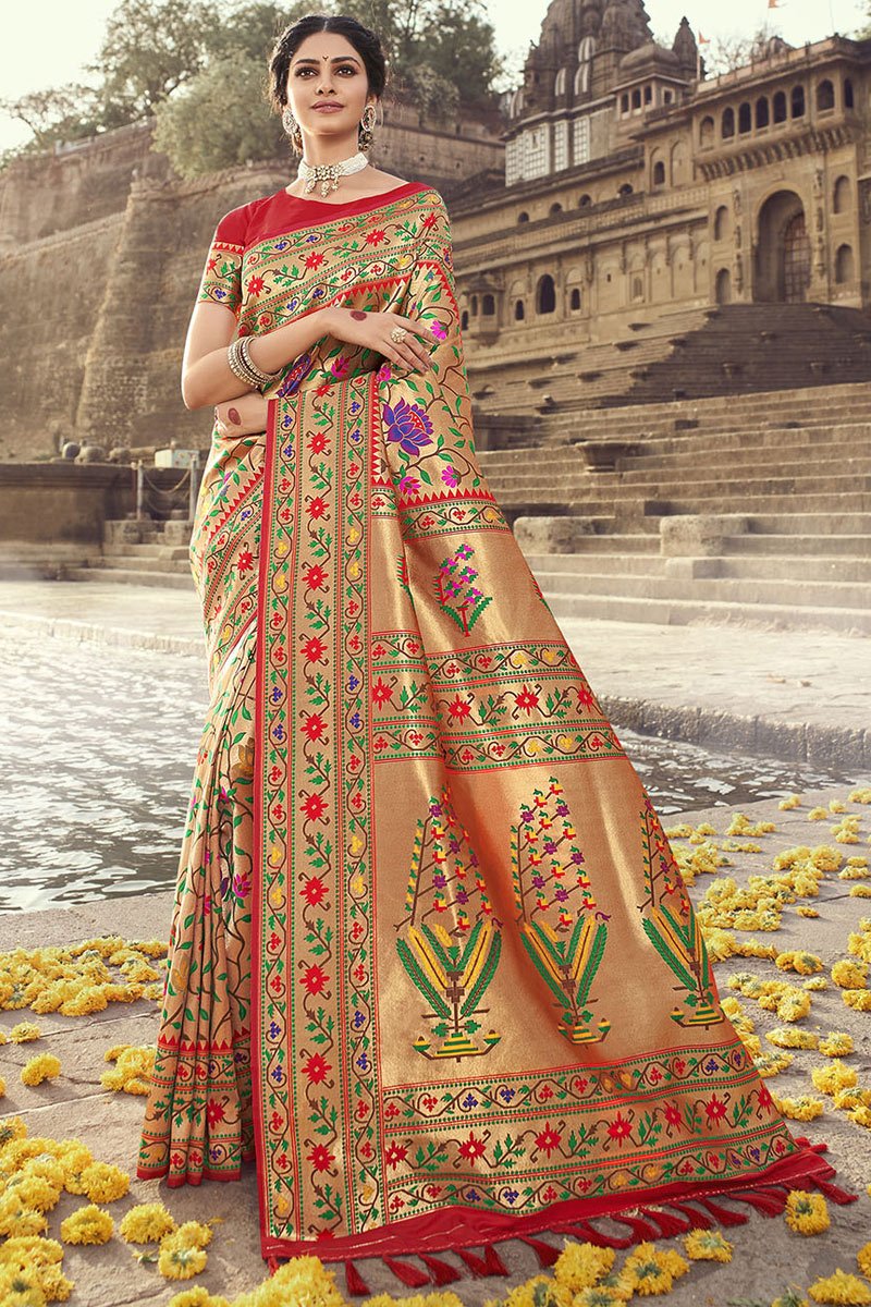 Party Wear Red Color Trendy Banarasi Style Art Silk Fabric Weaving Work Saree