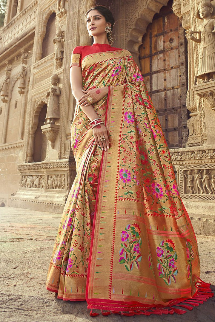 Red Color Wedding Wear Trendy Banarasi Style Art Silk Fabric Weaving Work Saree