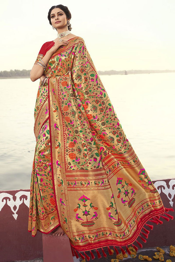 Red Color Function Wear Trendy Weaving Work Saree In Banarasi Style Art Silk Fabric