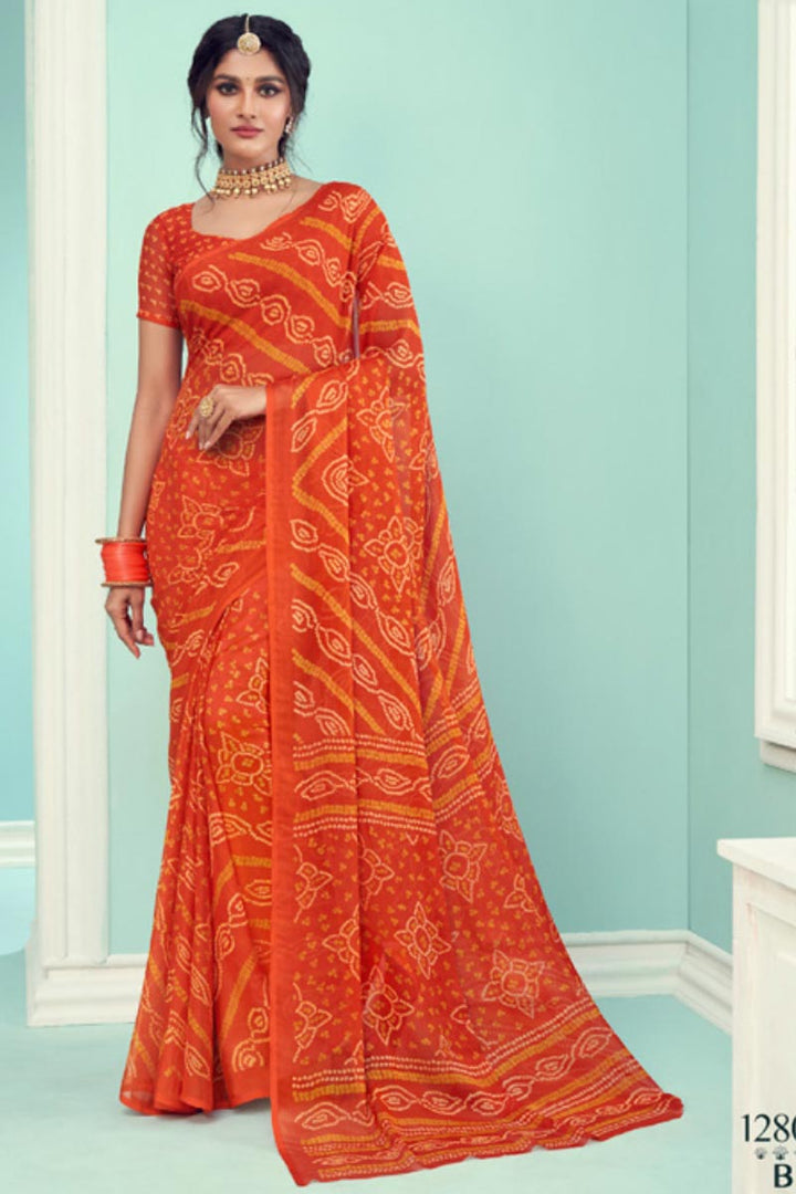 Vartika Singh Chiffon Silk Fabric Bandhej Print Daily Wear Saree In Orange Color