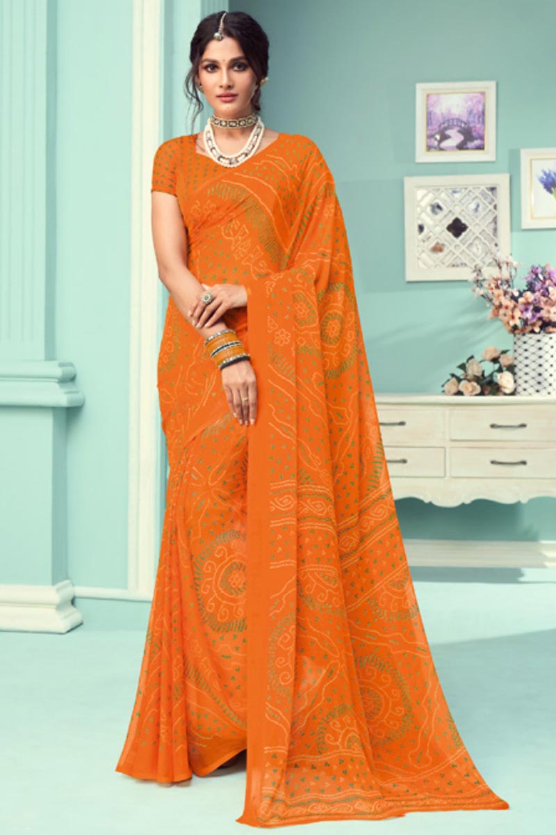 Vartika Singh Chiffon Silk Fabric Orange Color Bandhani Print Regular Wear Saree