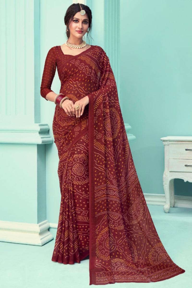 Vartika Singh Brown Color Chiffon Silk Fabric Bandhani Print Regular Wear Saree