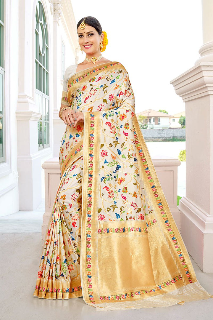Sangeet Wear Beige Color Silk Fabric Weaving Work Fancy Saree