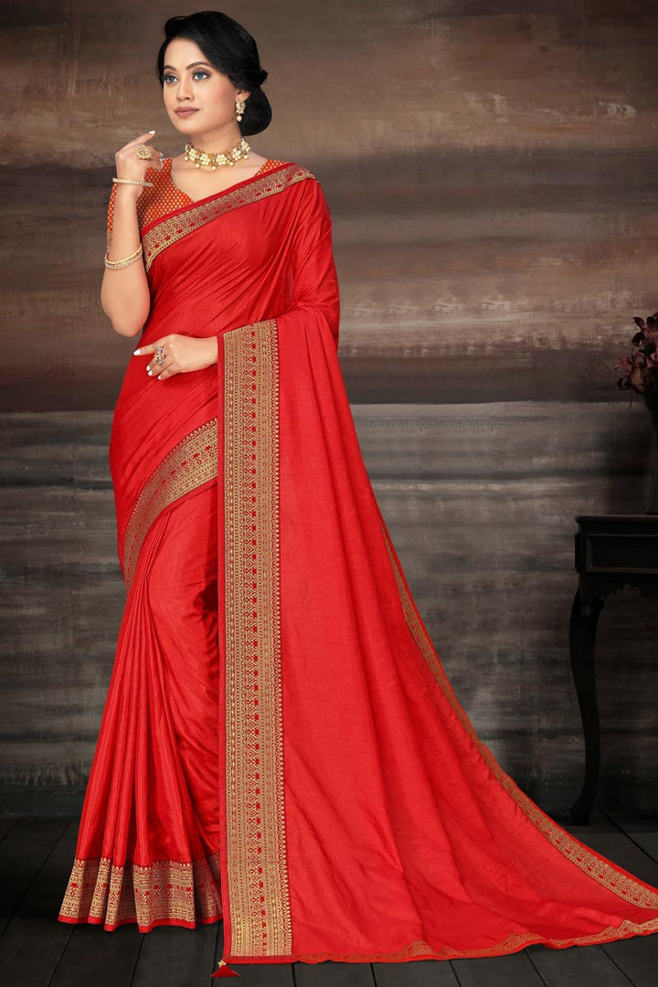 Red Color Function Wear Art Silk Fabric Fancy Lace Work Saree