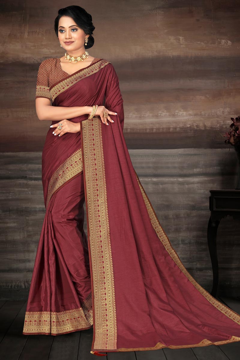 Maroon Color Sangeet Wear Art Silk Fabric Fancy Lace Work Saree