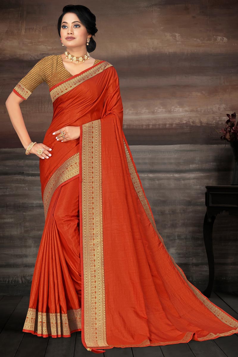 Art Silk Fabric Festive Wear Fancy Orange Color Lace Work Saree
