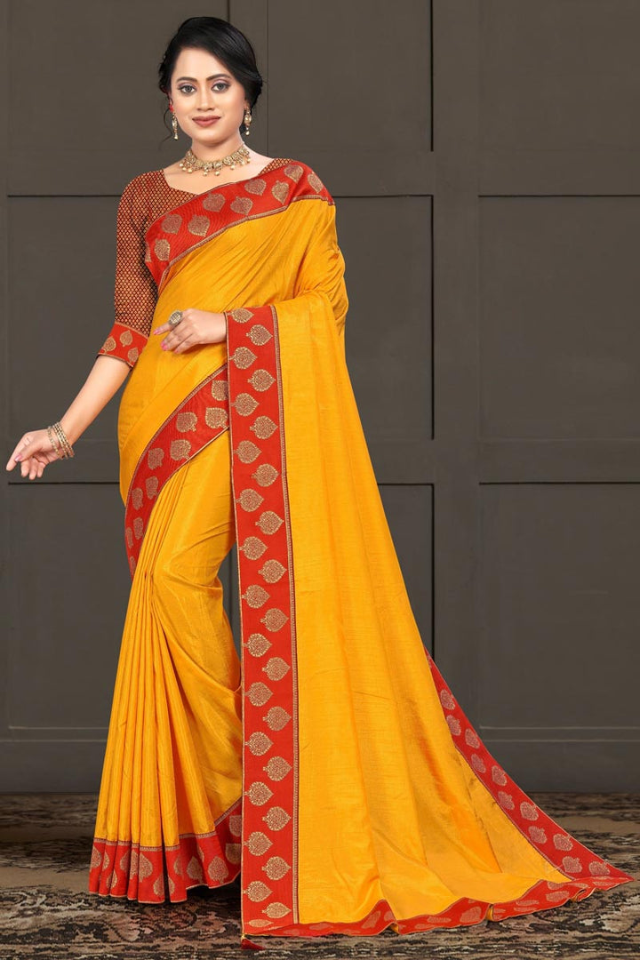 Fancy Art Silk Fabric Yellow Color Lace Work Saree