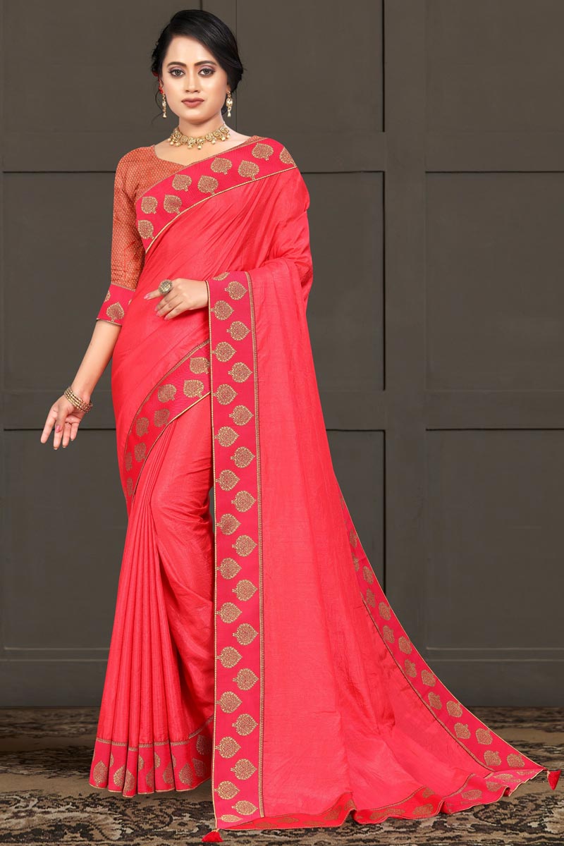 Designer Pink Color Occasion Wear Lace Work Saree In Art Silk Fabric