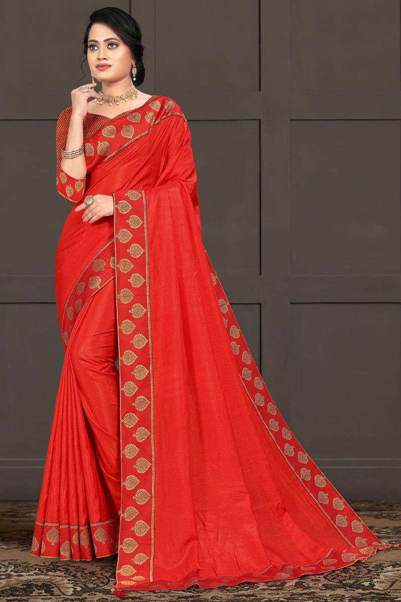 Art Silk Fabric Red Color Party Wear Lace Work Saree