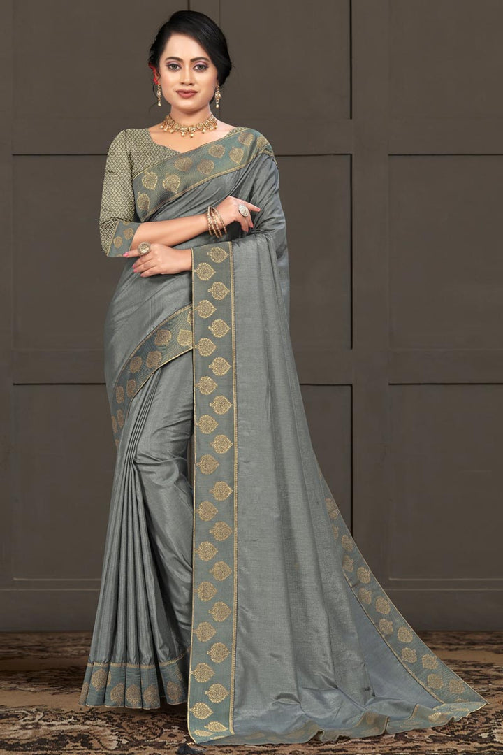 Designer Art Silk Fabric Function Wear Lace Work Saree In Grey Color