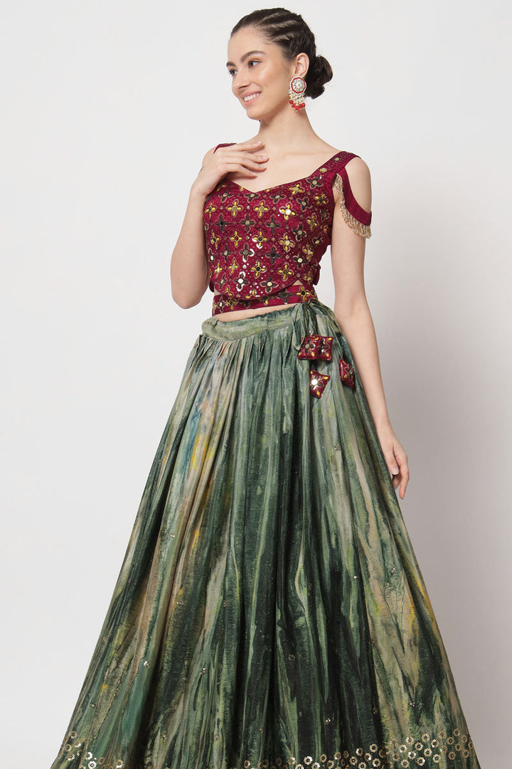 Green Color Chinon Fabric Enticing Printed Lehenga