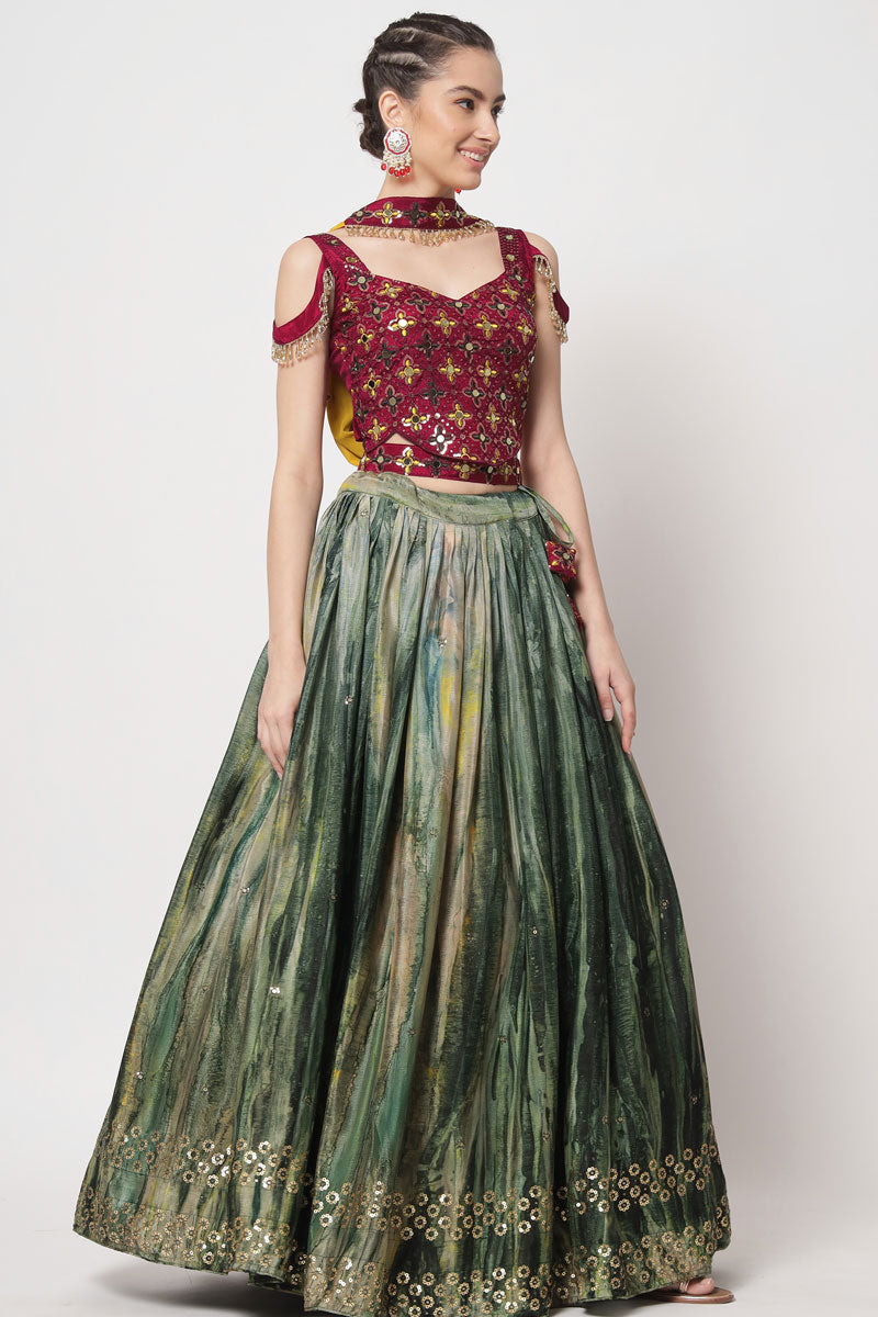 Green Color Chinon Fabric Enticing Printed Lehenga