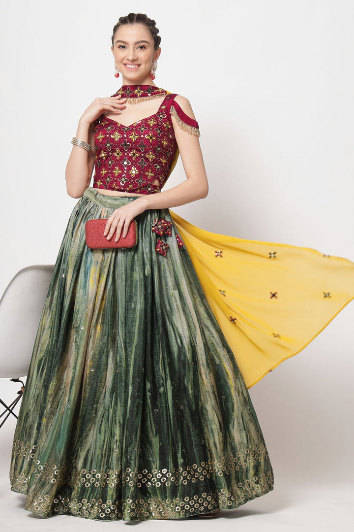 Green Color Chinon Fabric Enticing Printed Lehenga