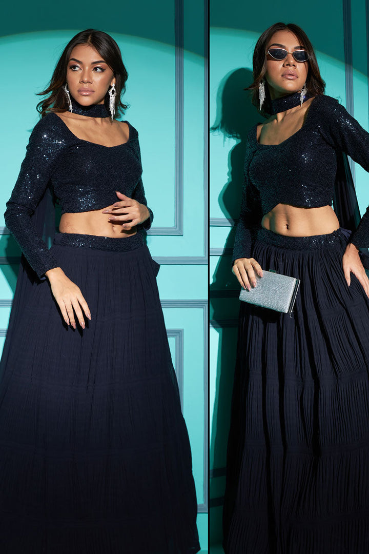 Georgette Function Style Pleating Pattern Lehenga Choli In Navy Blue Color