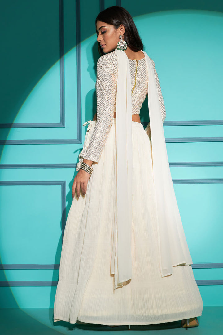 Off White Georgette Function Style Pleating Pattern Lehenga Choli