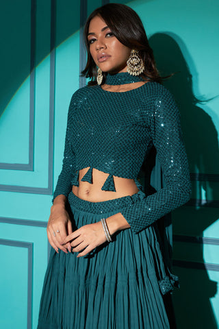 Teal Georgette Function Style Pleating Pattern Lehenga Choli