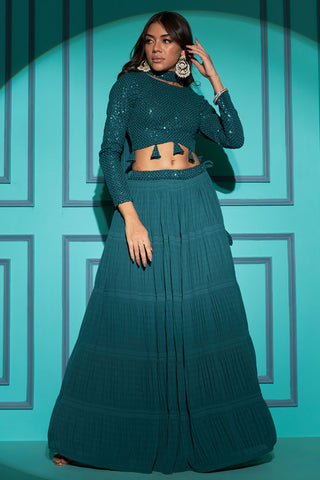 Teal Georgette Function Style Pleating Pattern Lehenga Choli