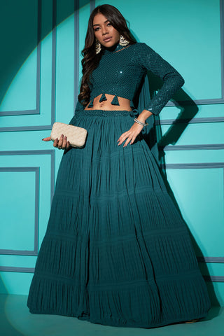 Teal Georgette Function Style Pleating Pattern Lehenga Choli