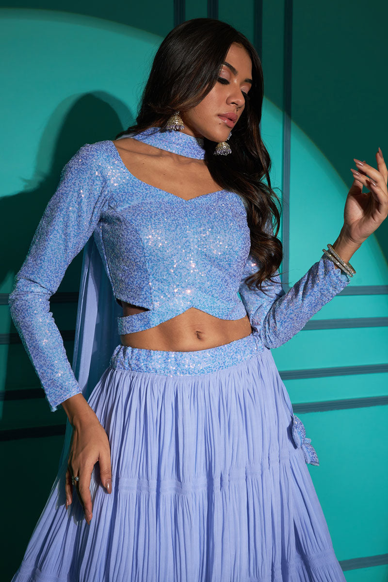 Georgette Function Style Pleating Pattern Lehenga Choli In Sky Blue Color