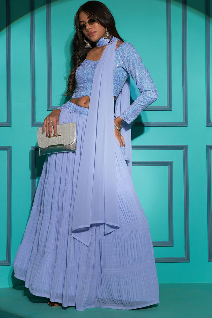 Georgette Function Style Pleating Pattern Lehenga Choli In Sky Blue Color