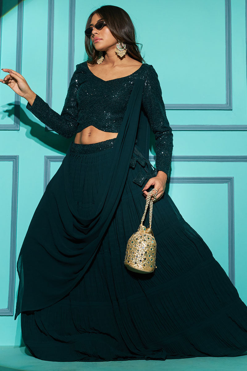 Dark Green Georgette Function Style Pleating Pattern Lehenga Choli