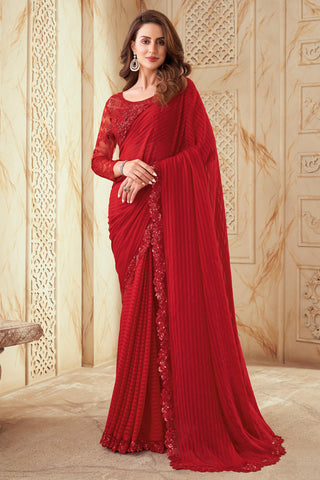 Red Party Style Border Work Silk Saree