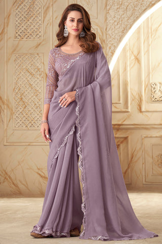 Stunning Lavender Party Style Saree With Border Work